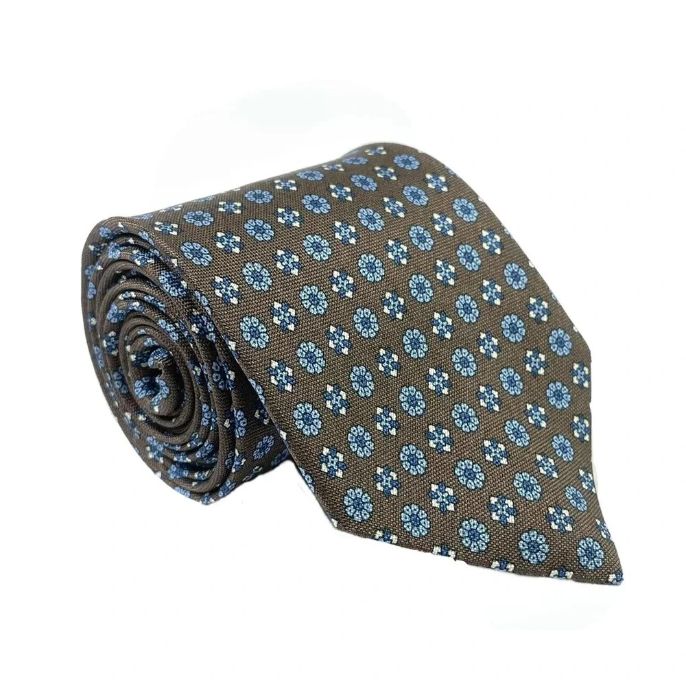 M.Ferretti Mens Brown Blue Floral Medallion Pure Silk Tie 3 Inch Width Italy